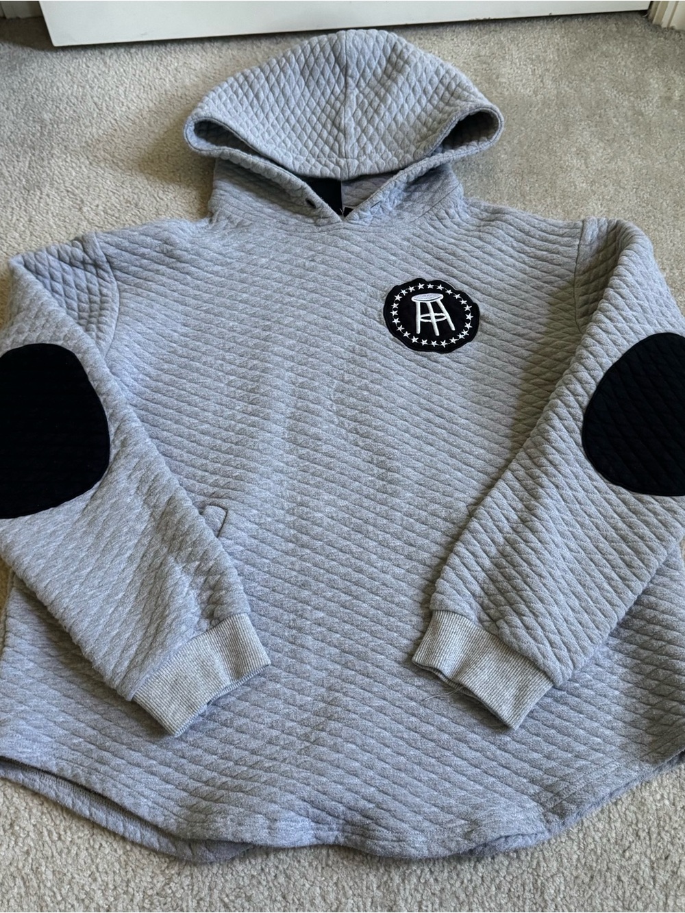 Barstool Sports Men's Premium Quilted Hoodie Sweatshirt Elbow Patch Gray